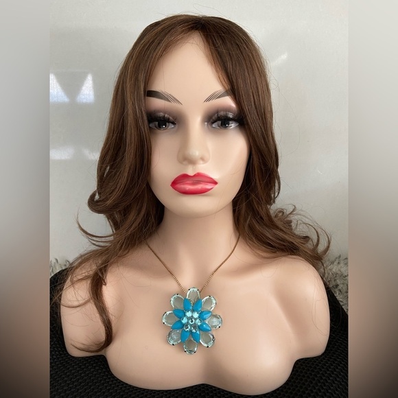 COSTUME THREE TIER FLOWER SHAPE PIN BROOCH BLUE CRYSTAL FAUX TURQUOISE - Picture 5 of 9